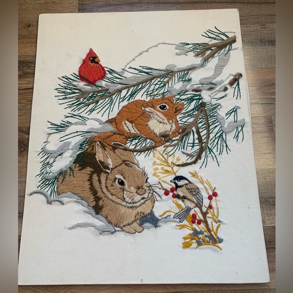 “Winter Friends” Vtg Completed Needlepoint Art Dimensions 1980 Linda K Powell